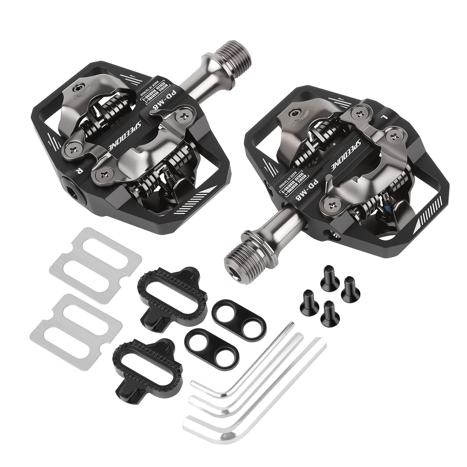 Lightweight SPEEDONE PD-M8 Alloy DU Bearing Clipless Pedals with Dual Aluminum Cleats, 9/16" Thread for MTB & Racing Bikes
Lightweight SPEEDONE PD-M8 Alloy DU Bearing Clipless Pedals with Dual Aluminum Cleats, 9/16" Thread for MTB & Racing Bikes