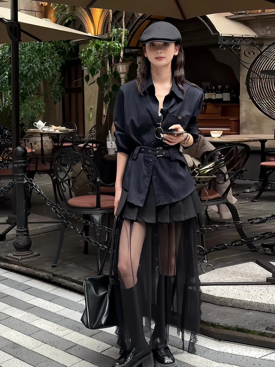 Fashionable Versatile Dark Blue Striped Belted Shirt Women's Autumn New Pleated Mesh Skirt Pants Two-Piece Set Commute Style
Fashionable Versatile Dark Blue Striped Belted Shirt Women's Autumn New Pleated Mesh Skirt Pants Two-Piece Set Commute Style