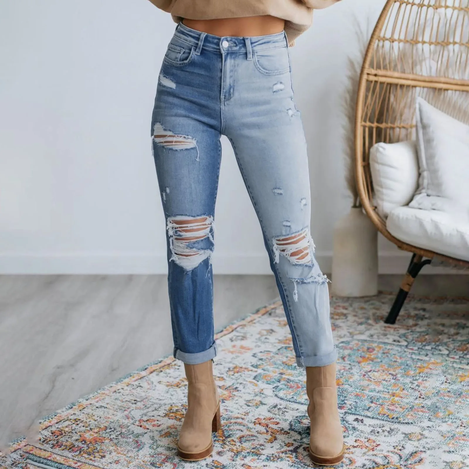 Women'S Solid Color Straight Hole High Waisted Elastic Slim Jeans Outfits Jogging Pocket Pants
Women'S Solid Color Straight Hole High Waisted Elastic Slim Jeans Outfits Jogging Pocket Pants