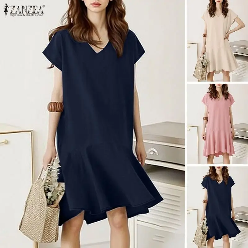 ZANZEA Summer Stylish Casual Holiday Beach Dresses Women V Neck Short Sleeve Dress Knee Length Robe Solid Ruffled Hem Sundress
ZANZEA Summer Stylish Casual Holiday Beach Dresses Women V Neck Short Sleeve Dress Knee Length Robe Solid Ruffled Hem Sundress
