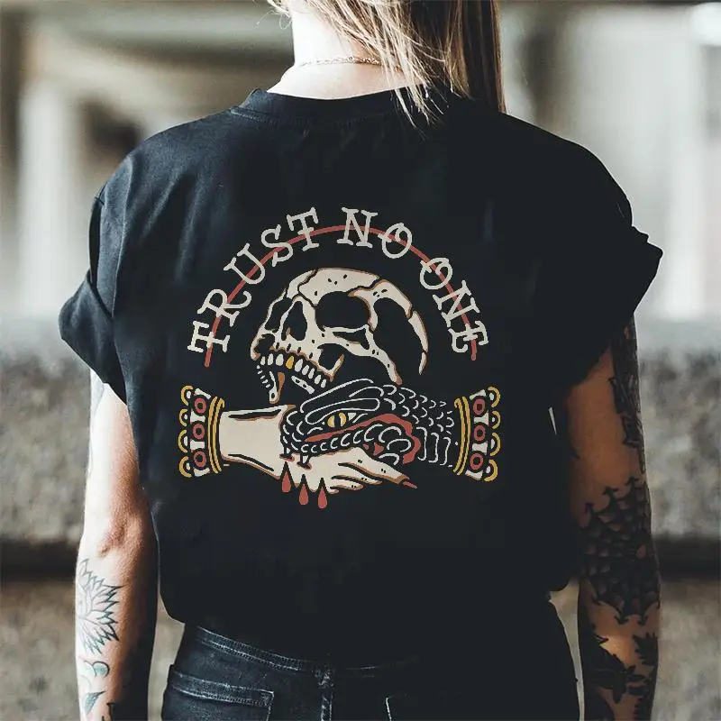 Women's "Trust No One" Tattoo T-Shirt | Old School Skull Handshake Graphic Tee | Grunge Biker Gothic Streetwear Gift Top
Women's "Trust No One" Tattoo T-Shirt | Old School Skull Handshake Graphic Tee | Grunge Biker Gothic Streetwear Gift Top