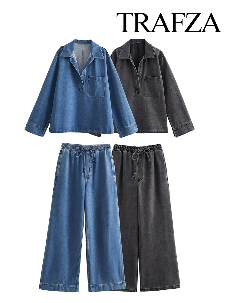 TRAFZA Autumn Denim Trouser Set For Women Fashion Lapel Pocket Pullover Top+Vintage Elegant Women Drawstring Wide Leg Long Pant
TRAFZA Autumn Denim Trouser Set For Women Fashion Lapel Pocket Pullover Top+Vintage Elegant Women Drawstring Wide Leg Long Pant