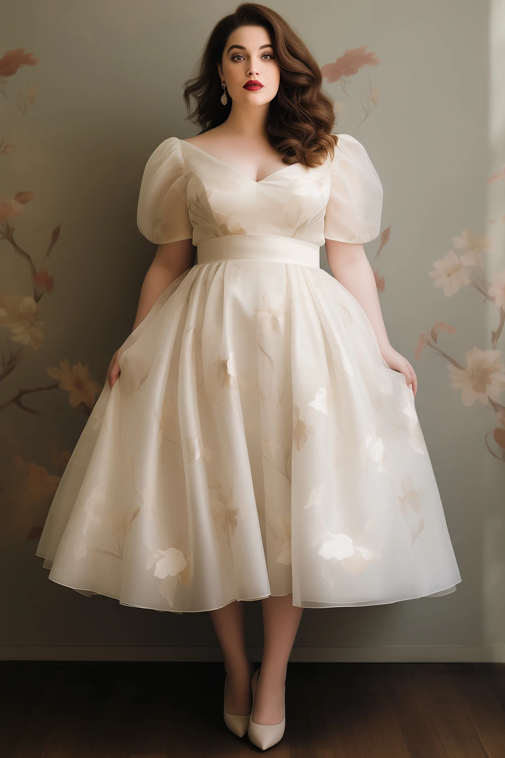 Flycurvy Plus Size Wedding Guest Light Apricot Organza Floral Print Empire Waist Puff Sleeve Tea-Length Dress
Flycurvy Plus Size Wedding Guest Light Apricot Organza Floral Print Empire Waist Puff Sleeve Tea-Length Dress