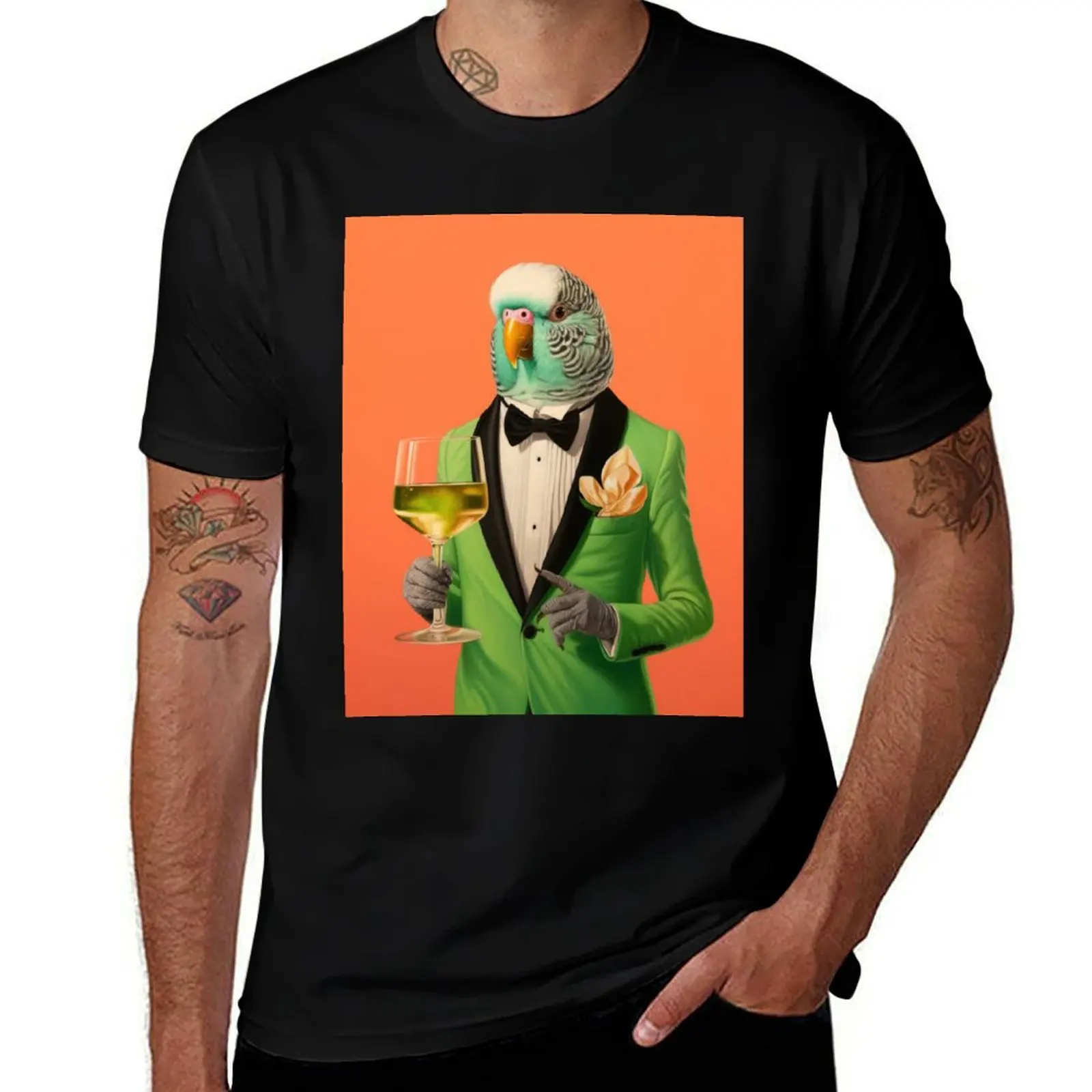 A beautiful bird in a tuxedo and a drink T-Shirt street wear anime shirt vintage clothes mens cotton t shirts
A beautiful bird in a tuxedo and a drink T-Shirt street wear anime shirt vintage clothes mens cotton t shirts