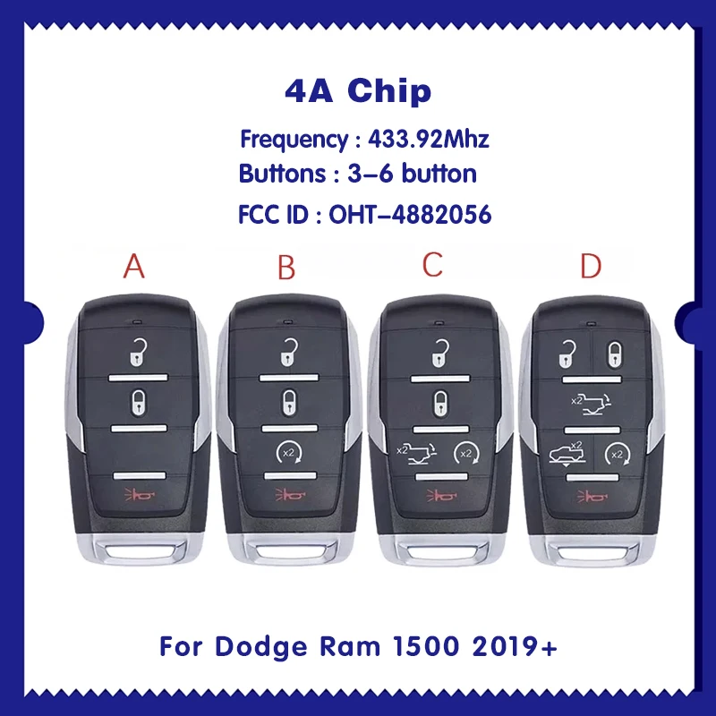 For Dodge Ram 1500 3/4/5/6B Smart Remote Key 433.92Mhz PCF7939M / HITAG AES / 4A Chip OHT-4882056 CN087037
For Dodge Ram 1500 3/4/5/6B Smart Remote Key 433.92Mhz PCF7939M / HITAG AES / 4A Chip OHT-4882056 CN087037