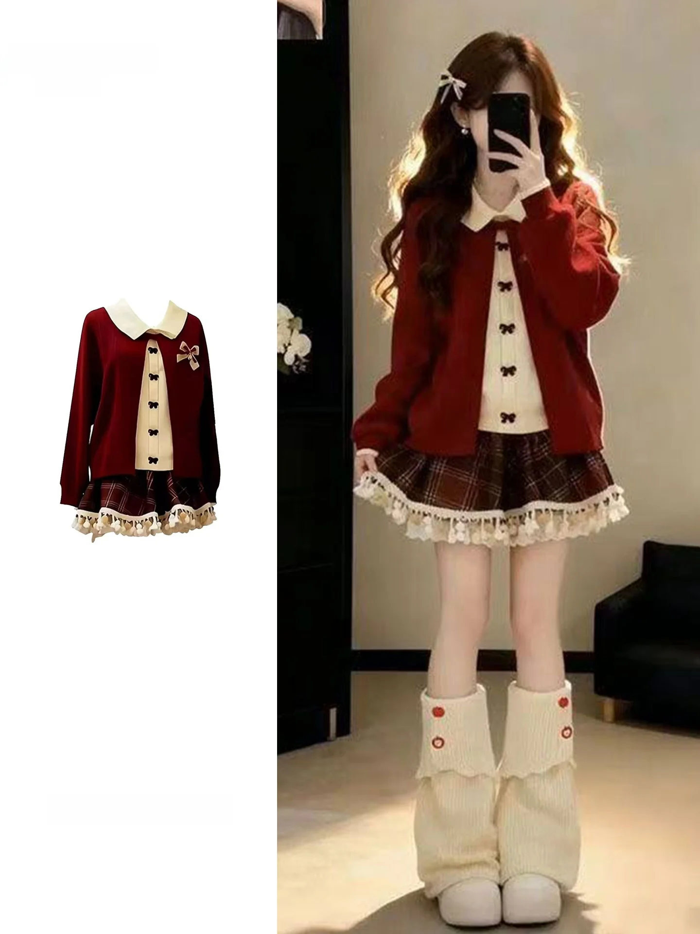 Red Doll Collar Knot Sweater And Skirt Set for Women Winter Plush Tassel Plaid New Year Fashion Ensemble
Red Doll Collar Knot Sweater And Skirt Set for Women Winter Plush Tassel Plaid New Year Fashion Ensemble