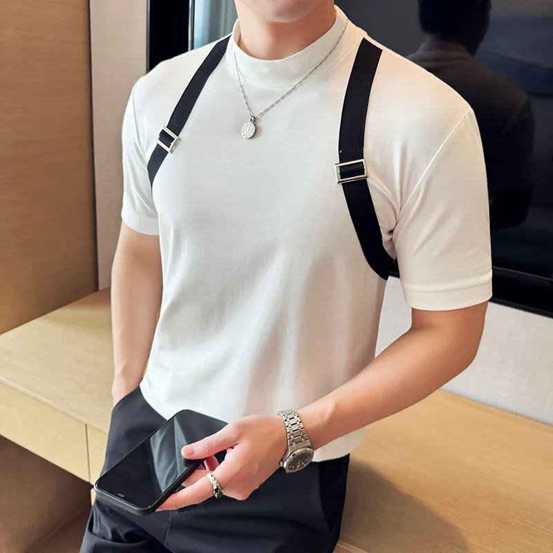 New Woven Belt Decoration Splicing Design T-shirt For Men Korean Fashion Slim Fit Elastic Half-High Collar Short-Sleeved Tee
New Woven Belt Decoration Splicing Design T-shirt For Men Korean Fashion Slim Fit Elastic Half-High Collar Short-Sleeved Tee