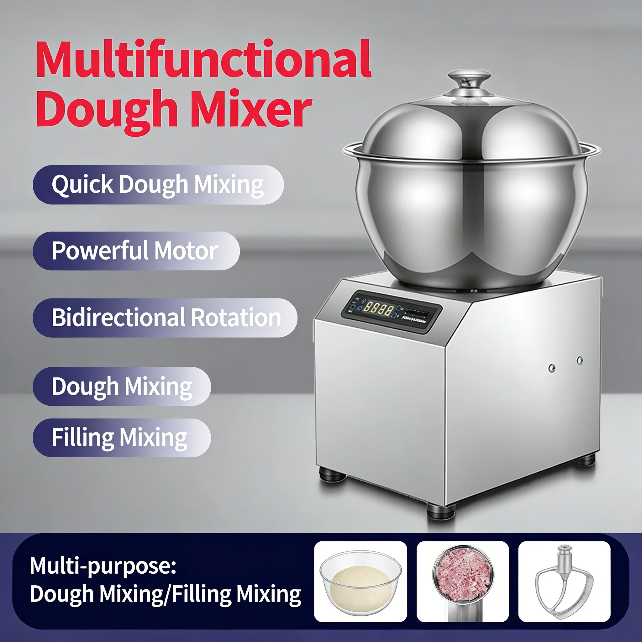 High-Power Commercial Dough Mixer 5KG Automatic Electric Stainless Steel Dough Kneading Machine for Home and Commercial Use
High-Power Commercial Dough Mixer 5KG Automatic Electric Stainless Steel Dough Kneading Machine for Home and Commercial Use