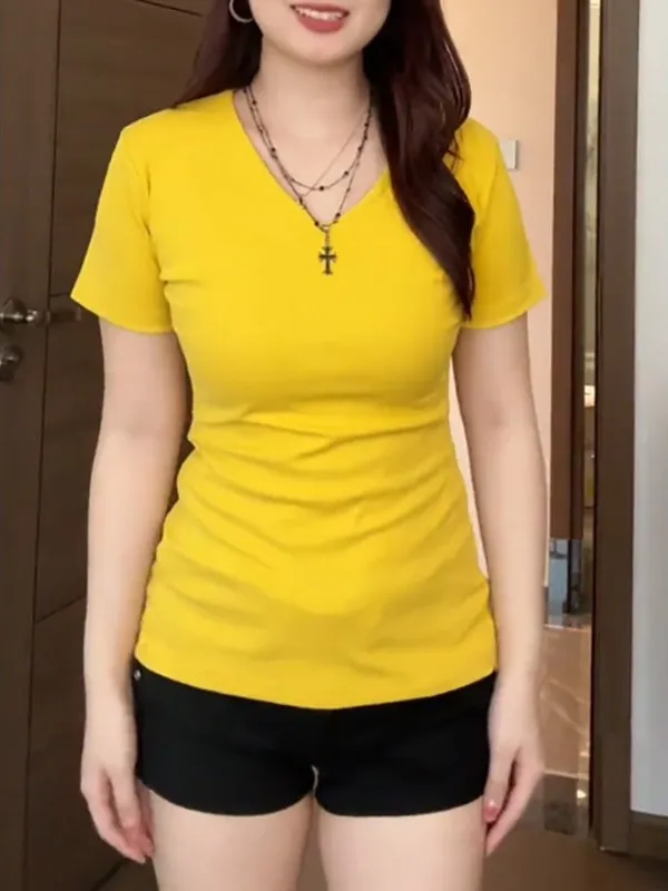 plus Size Casual Basic Color V-Neck Short Sleeve T-Shirt Women's Slimming Versatile Shoulder Level Top for Summer
plus Size Casual Basic Color V-Neck Short Sleeve T-Shirt Women's Slimming Versatile Shoulder Level Top for Summer