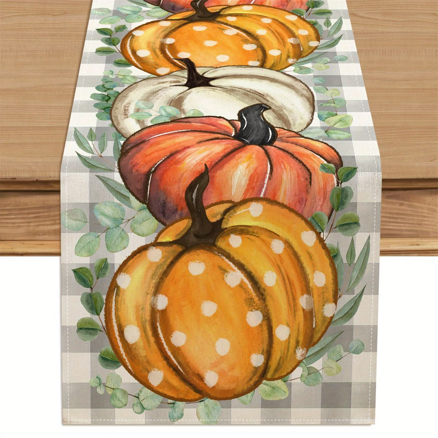 1 Piece of Buffalo Plaid Eucalyptus Leaf Polka Dot Pumpkin Table Runner, Suitable for Restaurants, Homes, Harvest Parties, Pastoral Decorations, and Market Displays.
1 Piece of Buffalo Plaid Eucalyptus Leaf Polka Dot Pumpkin Table Runner, Suitable for Restaurants, Homes, Harvest Parties, Pastoral Decorations, and Market Displays.