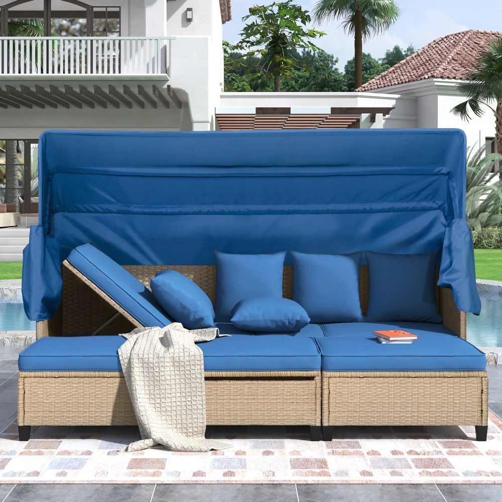4 Piece UV-Proof Resin Wicker Patio Sofa Set with Retractable Canopy, Cushions and Lifting Table,Blue
4 Piece UV-Proof Resin Wicker Patio Sofa Set with Retractable Canopy, Cushions and Lifting Table,Blue