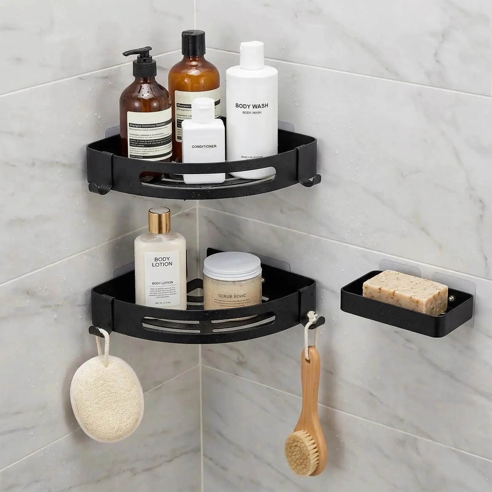 Black Adhesive Corner Shower Organizer Set, 3-Piece Rustproof 304 Stainless Steel Bathroom Caddy With Soap Dish And Hooks
Black Adhesive Corner Shower Organizer Set, 3-Piece Rustproof 304 Stainless Steel Bathroom Caddy With Soap Dish And Hooks