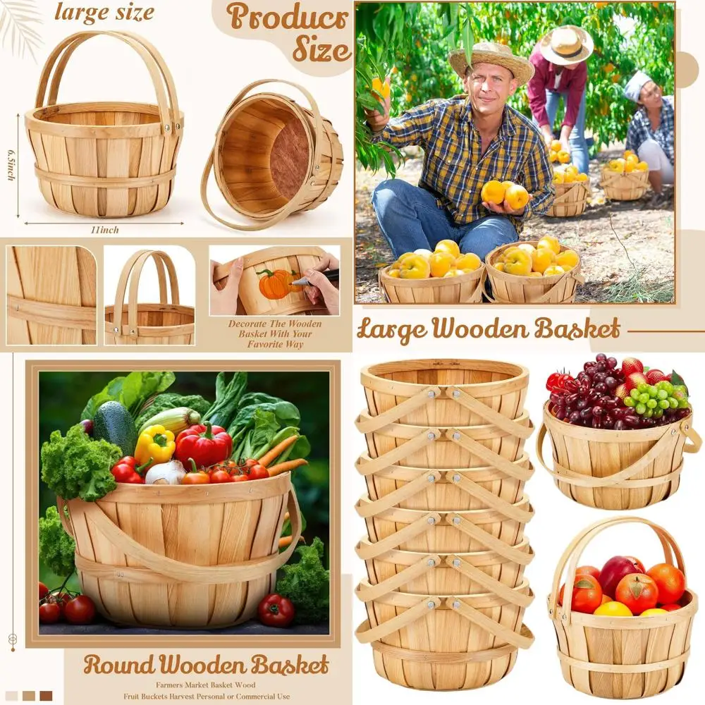 Set of 6 Large Wooden Bushel Baskets, 11 x 6.5 Wicker for Harvest, Garden, and Commercial Storage
Set of 6 Large Wooden Bushel Baskets, 11 x 6.5 Wicker for Harvest, Garden, and Commercial Storage