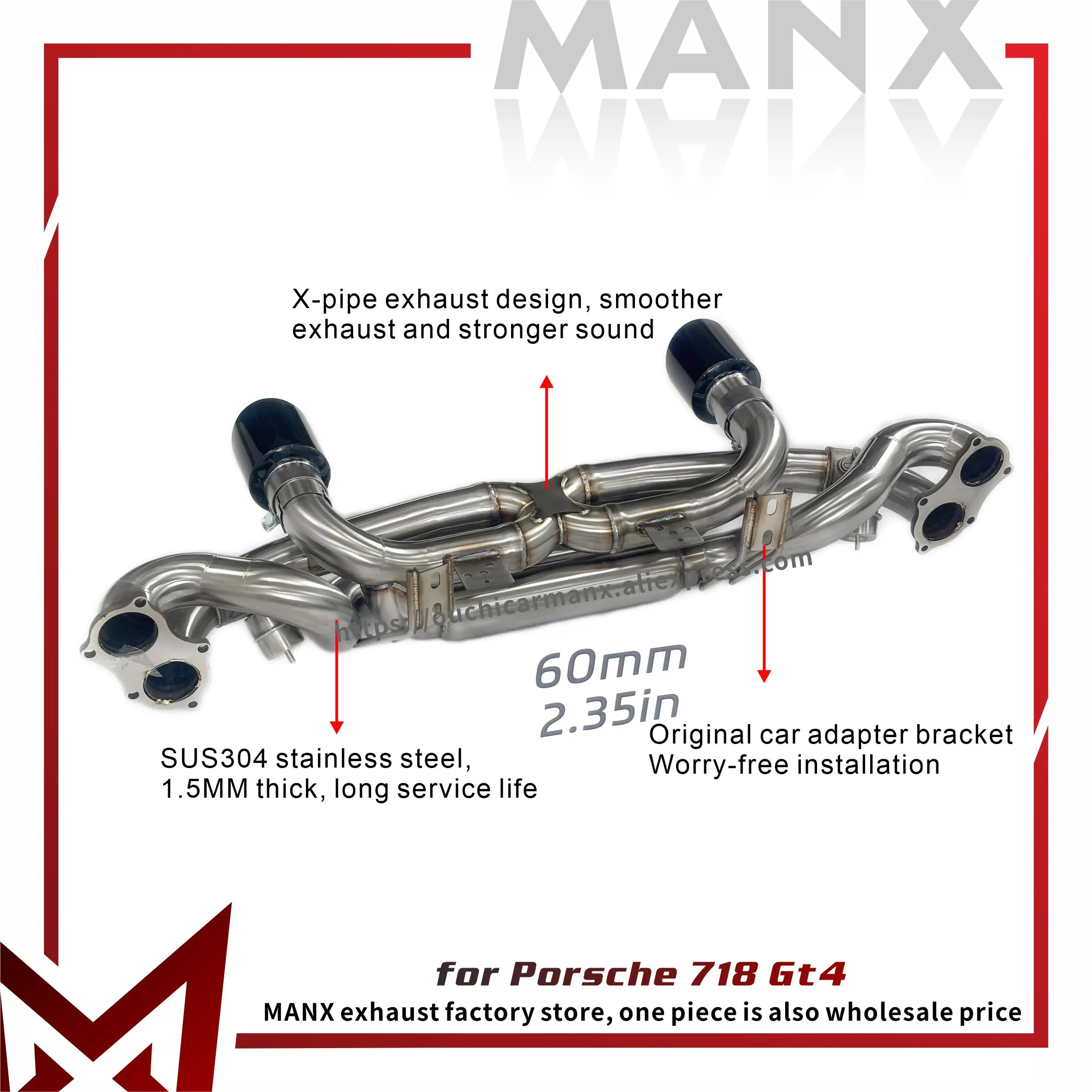 MANX Exhaust system for Porsche 718 GT4 Catback Increase pipe diameter Exact Fit with Tips SS304 60mm Vacuum valve
MANX Exhaust system for Porsche 718 GT4 Catback Increase pipe diameter Exact Fit with Tips SS304 60mm Vacuum valve