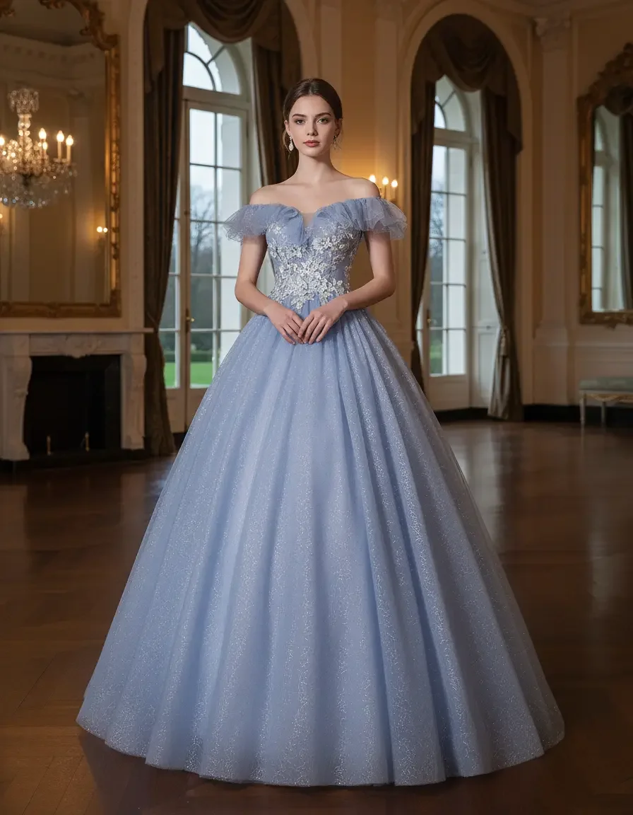 Elegant Dusty Blue Off Shoulder Tulle Ball Gown with 3D Flowers for Quinceanera, Wedding, Graduation, Free Crinoline
Elegant Dusty Blue Off Shoulder Tulle Ball Gown with 3D Flowers for Quinceanera, Wedding, Graduation, Free Crinoline