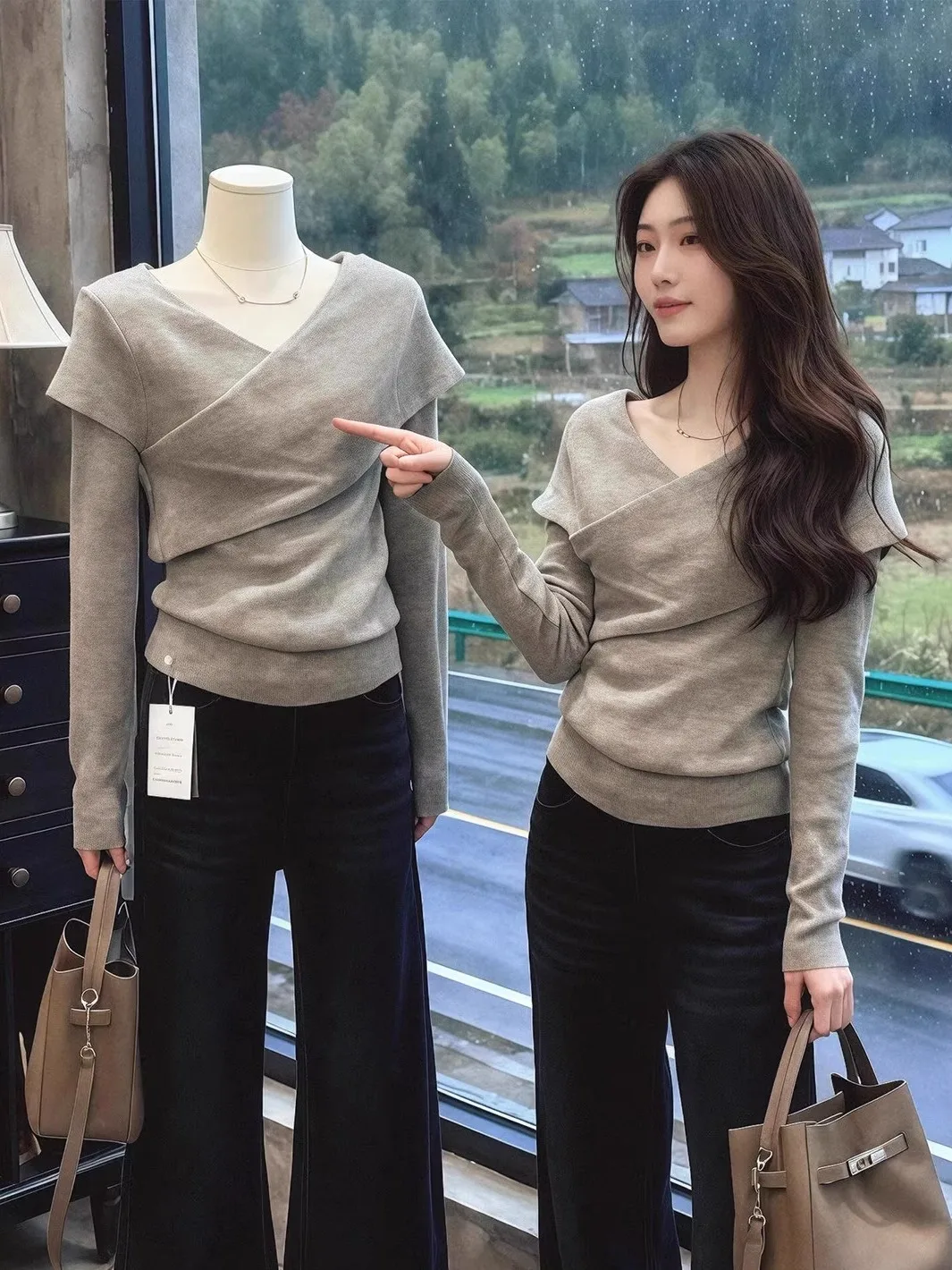 Gray Asymmetrical V-Neck Knitted Base Shirt Women's Autumn Winter Slim Fit Short Top Korean Style Commute Fashion
Gray Asymmetrical V-Neck Knitted Base Shirt Women's Autumn Winter Slim Fit Short Top Korean Style Commute Fashion