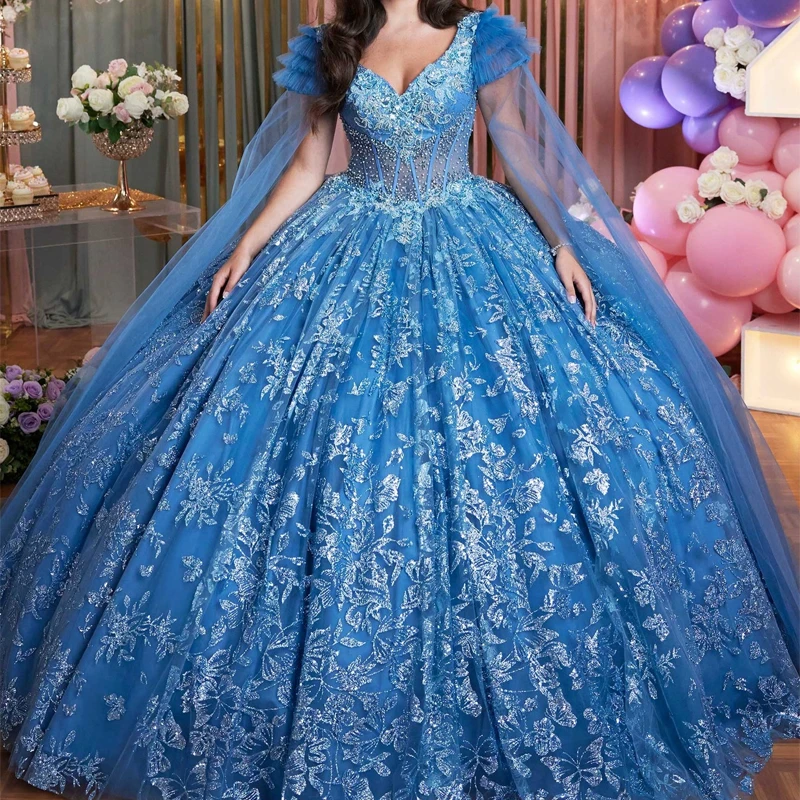 Blue Shiny Quinceanera Dresses Ball Gown Off The Shoulder Sequin Applique Lace Bow Tull With Cape Party Birthday Sweet 16 Dress
Blue Shiny Quinceanera Dresses Ball Gown Off The Shoulder Sequin Applique Lace Bow Tull With Cape Party Birthday Sweet 16 Dress