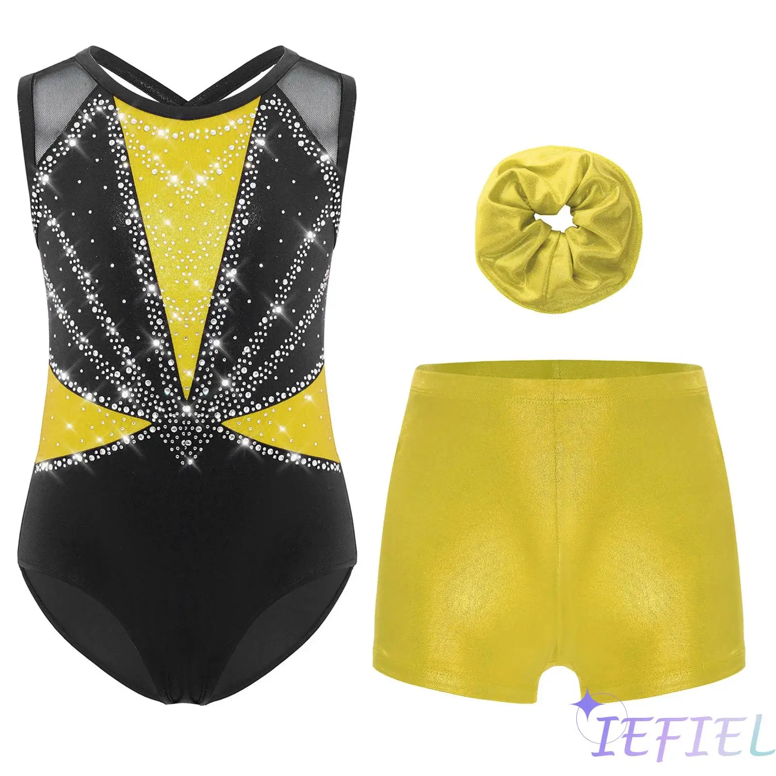 Girls Dance Gymnastics Performance Outfits Sleeveless Crisscross Shiny Rhinestones Color Block Metallic Leotard+Shorts&Hairband
Girls Dance Gymnastics Performance Outfits Sleeveless Crisscross Shiny Rhinestones Color Block Metallic Leotard+Shorts&Hairband