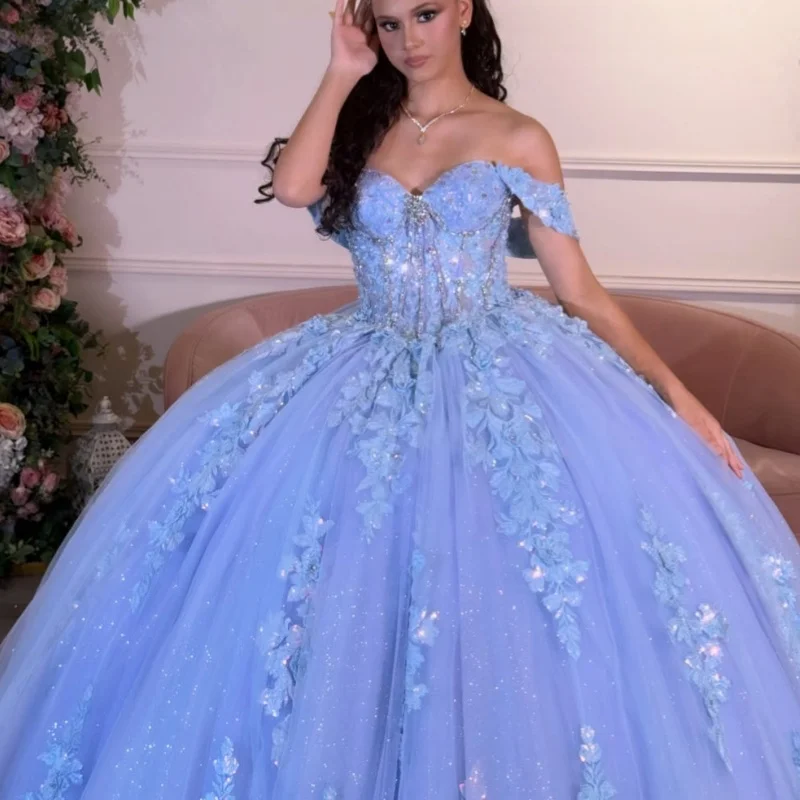 Blue Quinceanera Dress off-shoulder Glitter Flower Decal Long tail Bow vestidos de 15 Quinceanera Customize
Blue Quinceanera Dress off-shoulder Glitter Flower Decal Long tail Bow vestidos de 15 Quinceanera Customize