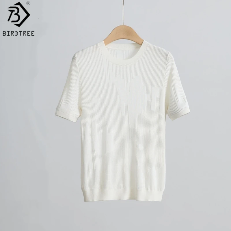 Birdtree, 70% Silk 30% Cotton Knitted Tshirt, O-neck Short Sleeve Shirt, Women's Slim Jacquard Tops, 2026 Summer New T64015JF
Birdtree, 70% Silk 30% Cotton Knitted Tshirt, O-neck Short Sleeve Shirt, Women's Slim Jacquard Tops, 2026 Summer New T64015JF