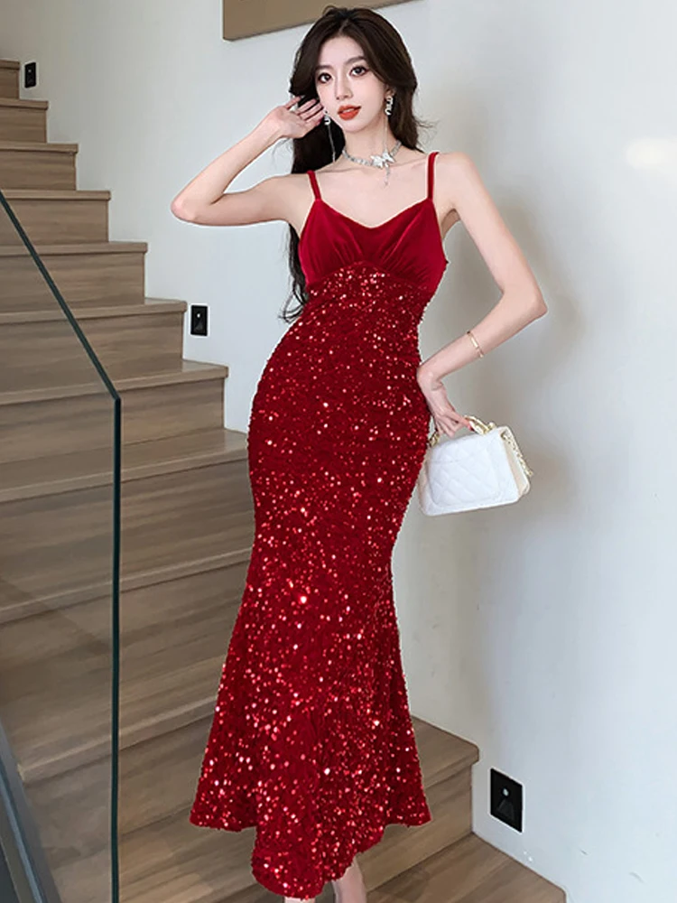 Fashion Elegant Party Dress for Women Red Black Shiny Glitter Velvet Strap Backless Bodycon Fishtail Robe Wedding Prom Vestidos
Fashion Elegant Party Dress for Women Red Black Shiny Glitter Velvet Strap Backless Bodycon Fishtail Robe Wedding Prom Vestidos