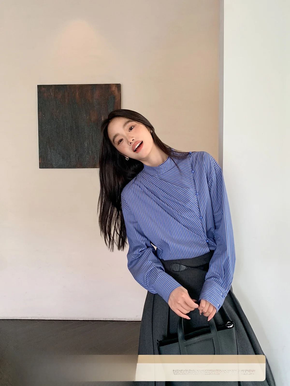 Retro Diagonal Collar Striped Loose irt Design Sense Layering Long Sve Stand Collar Korean Sle Cotton Blend Women's irt
Retro Diagonal Collar Striped Loose irt Design Sense Layering Long Sve Stand Collar Korean Sle Cotton Blend Women's irt