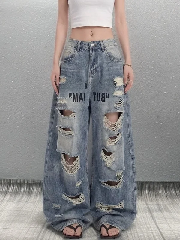 Summer 2026 Women's American Retro Streetwear Thin Lettered Hole Denim Jeans Casual High Waist Wide Leg Floor-Length Pants
Summer 2026 Women's American Retro Streetwear Thin Lettered Hole Denim Jeans Casual High Waist Wide Leg Floor-Length Pants