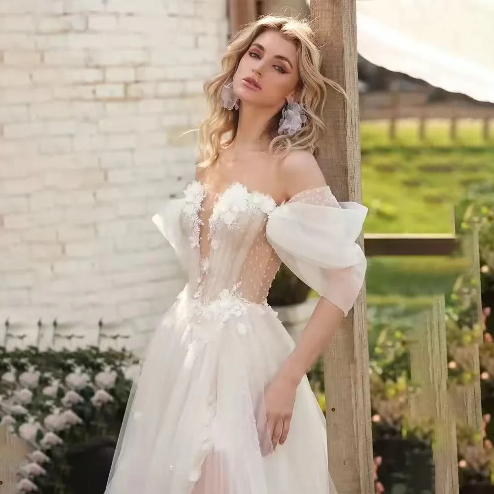 Boho Off The Shoulder V-Neck 3D Flower A-Line Wedding Dresses Slit Tulle Formal Bridal Gowns Rode De Morrie Custom
Boho Off The Shoulder V-Neck 3D Flower A-Line Wedding Dresses Slit Tulle Formal Bridal Gowns Rode De Morrie Custom