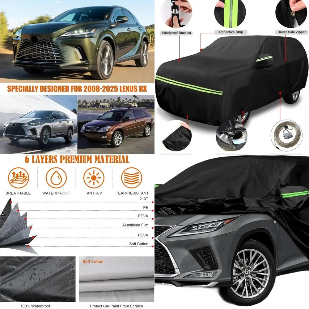 Custom-Fit 6-Layer Weatherproof Car Cover for 2008-2025 Lexus RX350, RX450H, RX500H - Zippered Door & Wind Bands for Protection
Custom-Fit 6-Layer Weatherproof Car Cover for 2008-2025 Lexus RX350, RX450H, RX500H - Zippered Door & Wind Bands for Protection