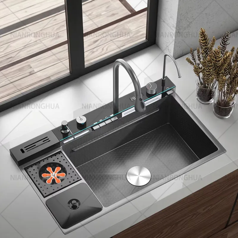 304 Stainless Steel Waterfall Kitchen Sink Large Single Slot Integrated Digital Display Faucet Set Soap Dispenser Cup Washer
304 Stainless Steel Waterfall Kitchen Sink Large Single Slot Integrated Digital Display Faucet Set Soap Dispenser Cup Washer