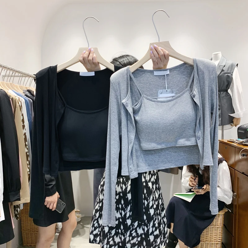 Fashion 2 Pieces Women Shirts Sets Short Empired Solid Slim Knitted Elasitic Long-Sleeved Lady Cardigan Outwear Tops
Fashion 2 Pieces Women Shirts Sets Short Empired Solid Slim Knitted Elasitic Long-Sleeved Lady Cardigan Outwear Tops