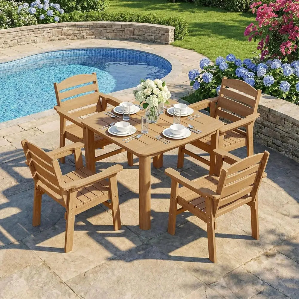 5-Piece Outdoor Dining Set or 4, HDPE Patio Dining Table and Stackable Chairs Set, Weather Resistant Square Table with Umbrella
5-Piece Outdoor Dining Set or 4, HDPE Patio Dining Table and Stackable Chairs Set, Weather Resistant Square Table with Umbrella