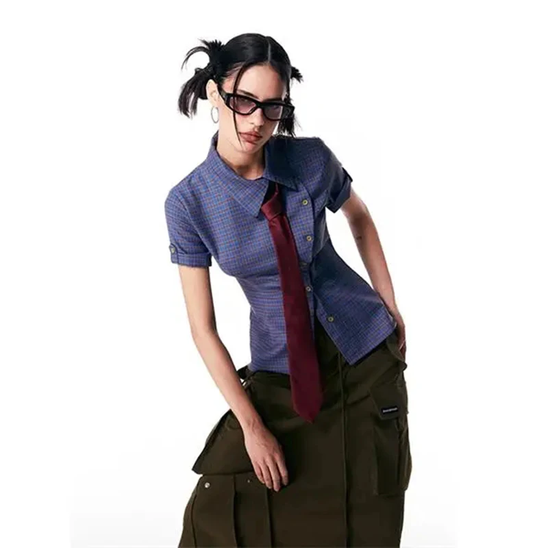 Y2K Vintage Irregular Check Shirts Women Slim Lapel Single Breasted Short Sleeve Tops Spring Summer Casual All Match Female Tee
Y2K Vintage Irregular Check Shirts Women Slim Lapel Single Breasted Short Sleeve Tops Spring Summer Casual All Match Female Tee