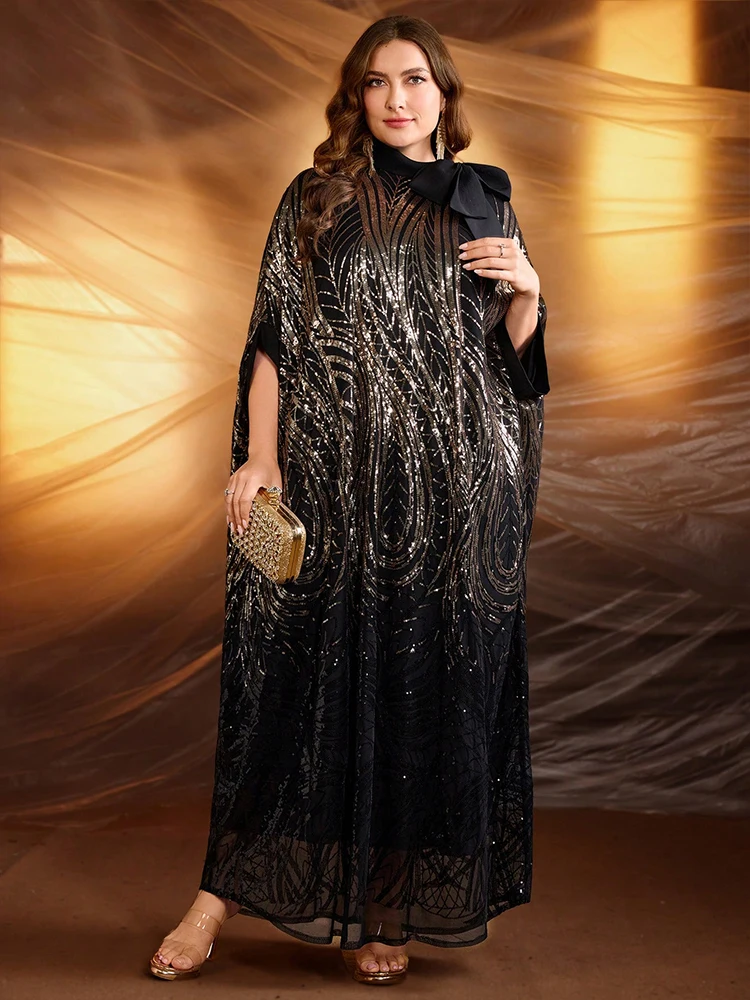 TOLEEN Large-size lady's full-pattern beaded embroidered dress - elegant long dress with a decorative bow at the neckline
TOLEEN Large-size lady's full-pattern beaded embroidered dress - elegant long dress with a decorative bow at the neckline