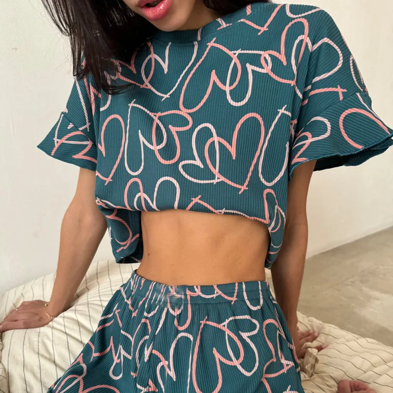 Hot Sexy Pajama Sets Lotus Leaf Short Sleeved Sleepwear Set Round Neck Shorts and Pajamas Two-piece Set Women's Home Clothes
Hot Sexy Pajama Sets Lotus Leaf Short Sleeved Sleepwear Set Round Neck Shorts and Pajamas Two-piece Set Women's Home Clothes