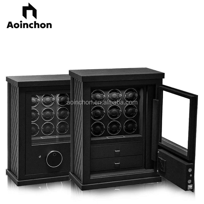 9-Solt Fingerprint/Key/Password Unlocked Explosion-Proof Glass Touch Screen LED Light Watch Winder With Two Storage Drawers