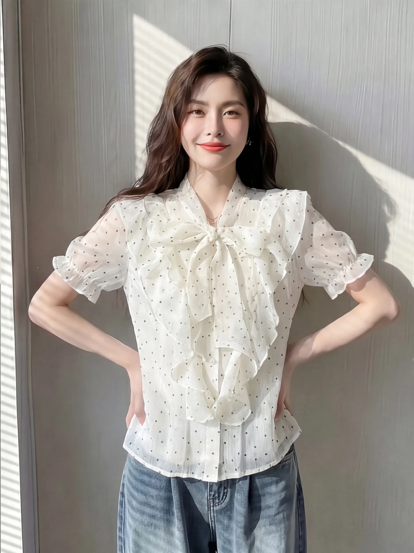 Summer Polka Dot Short Sleeve Shirt Women's Casual Knot Tie Waist Loose Fit Slimming Cardigan Floral Lace Hemline
Summer Polka Dot Short Sleeve Shirt Women's Casual Knot Tie Waist Loose Fit Slimming Cardigan Floral Lace Hemline