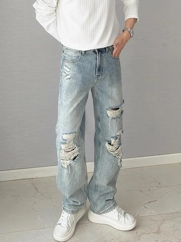 Trendy Street Style Light Blue Men's Jeans Straight Leg Casual Comfortable Non-Stretch Denim Mid-Waist Tear Design Summer Jeans
Trendy Street Style Light Blue Men's Jeans Straight Leg Casual Comfortable Non-Stretch Denim Mid-Waist Tear Design Summer Jeans
