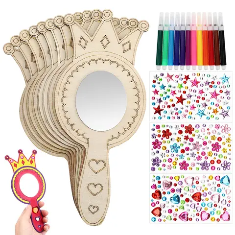 23PCS/SET Unfinished Wooden Handheld Mirrors Princess Mirror Craft Kit with 12 Coloring Pens for Boy Girl Creative Party Supply