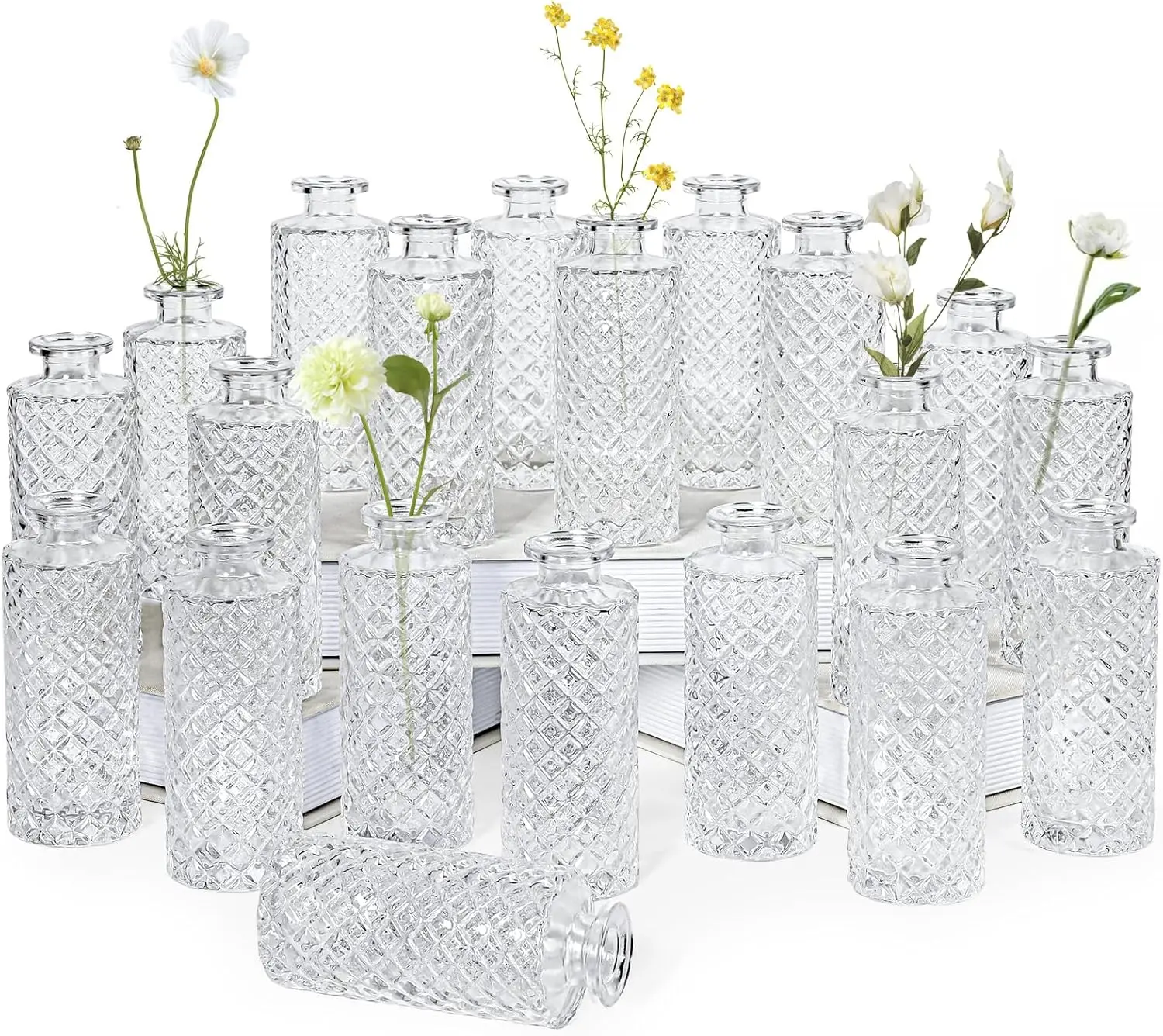 Clear Glass Bud Vase, 20 Pack Living Bud Vases, Small Diamond Bud Vases in Bulk, Mini Flowers Vases for Table Centerpiec
Clear Glass Bud Vase, 20 Pack Living Bud Vases, Small Diamond Bud Vases in Bulk, Mini Flowers Vases for Table Centerpiec