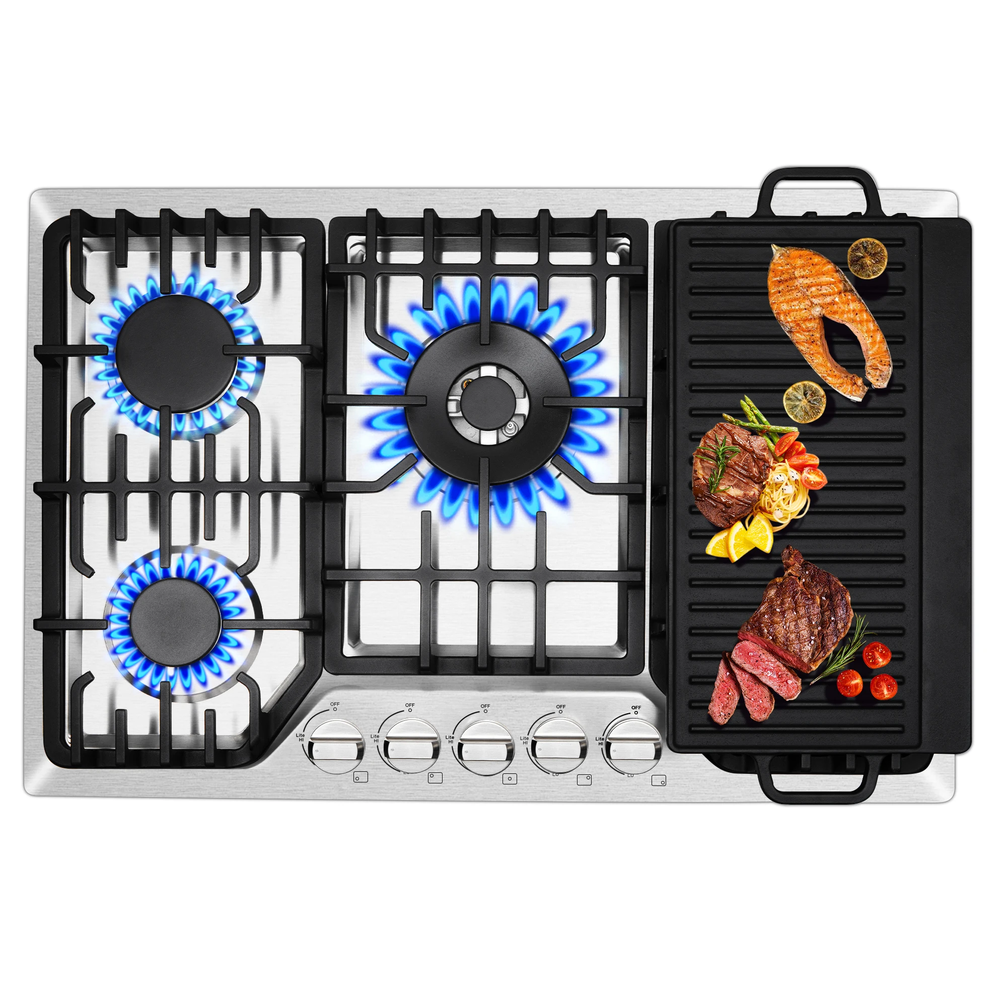 30 Inch Bulit-In Gas Cooktop with Griddle, Max 48300BTU Gas Stove Top, 304 Stainless Steel Panel, NG/LPG Convertible,
30 Inch Bulit-In Gas Cooktop with Griddle, Max 48300BTU Gas Stove Top, 304 Stainless Steel Panel, NG/LPG Convertible,