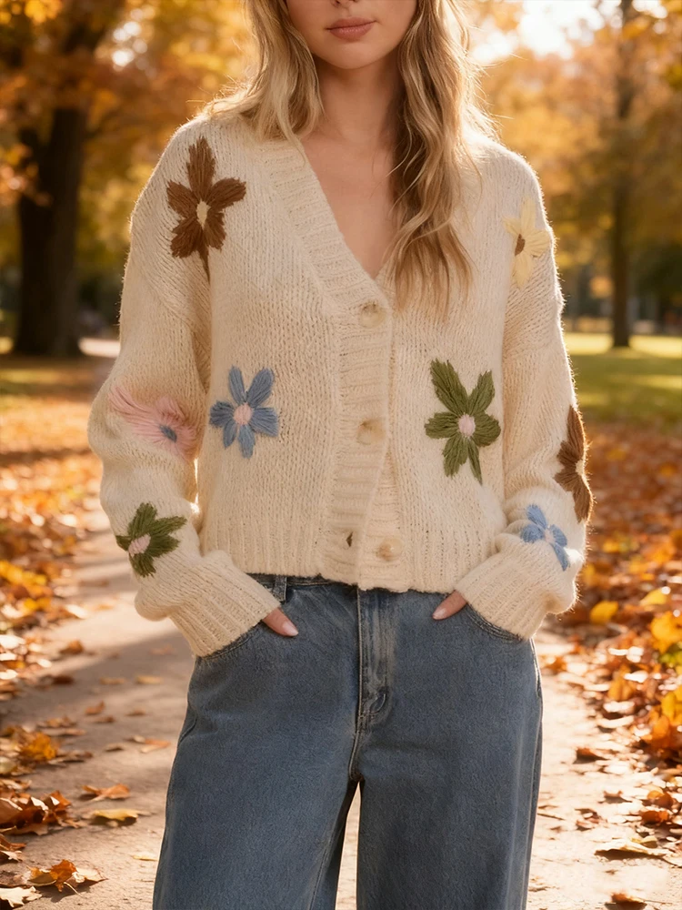 Hot Selling New All-Match Colorful Flower Loose Wool Cardigan Coat Long Sleeve Knitted Women Sweater Fall Winter Warm Beige Tops
Hot Selling New All-Match Colorful Flower Loose Wool Cardigan Coat Long Sleeve Knitted Women Sweater Fall Winter Warm Beige Tops