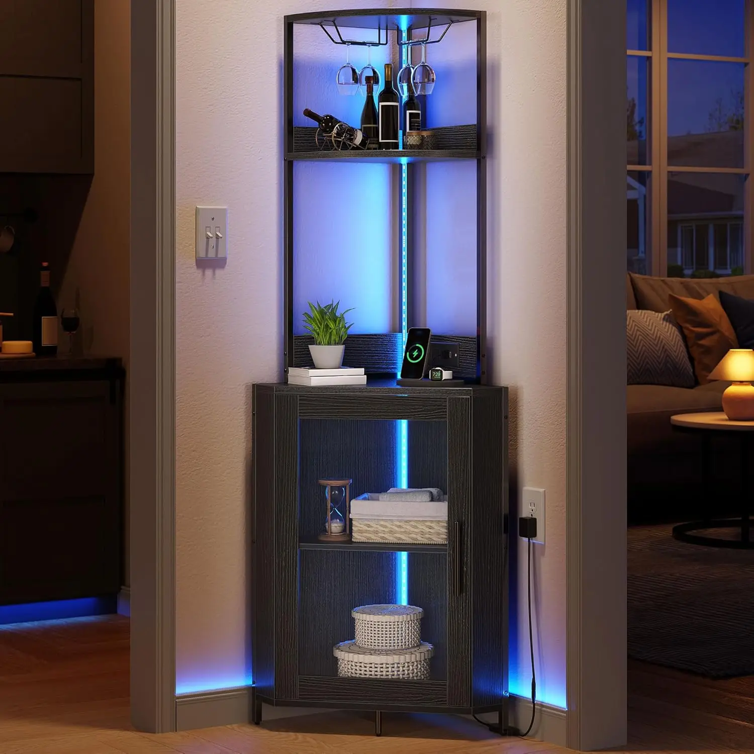 Corner Wine Cabinet with Power Outlets & LED Lights, Corner Bar Cabinet with Glass Holder, Liquor Bar Rack Cabinet for L
Corner Wine Cabinet with Power Outlets & LED Lights, Corner Bar Cabinet with Glass Holder, Liquor Bar Rack Cabinet for L