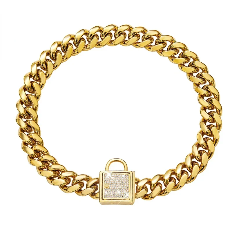 18K Gold Dog Training Choker Necklace Chain 14mm Wide Stainless Steel Pet Collar Luxury Cuban Link with Zirconia Lock for Dog
18K Gold Dog Training Choker Necklace Chain 14mm Wide Stainless Steel Pet Collar Luxury Cuban Link with Zirconia Lock for Dog