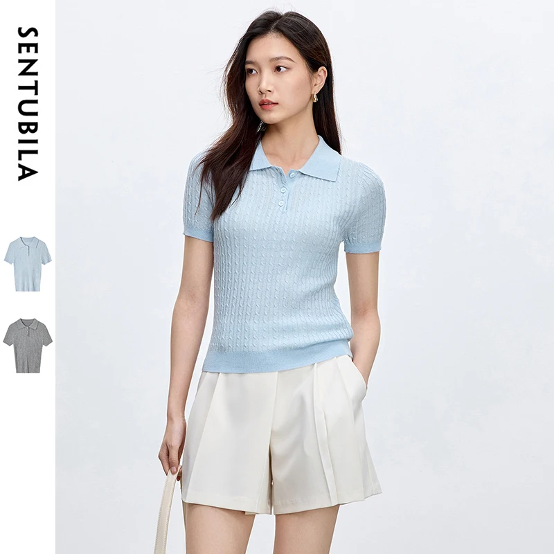 SENTUBILA Wool Blend Blue Knitted T-Shirt For Women 2025 New Comfortable Polo Neck Commuting Women's Short Sleeve Tee W52H59263
SENTUBILA Wool Blend Blue Knitted T-Shirt For Women 2025 New Comfortable Polo Neck Commuting Women's Short Sleeve Tee W52H59263