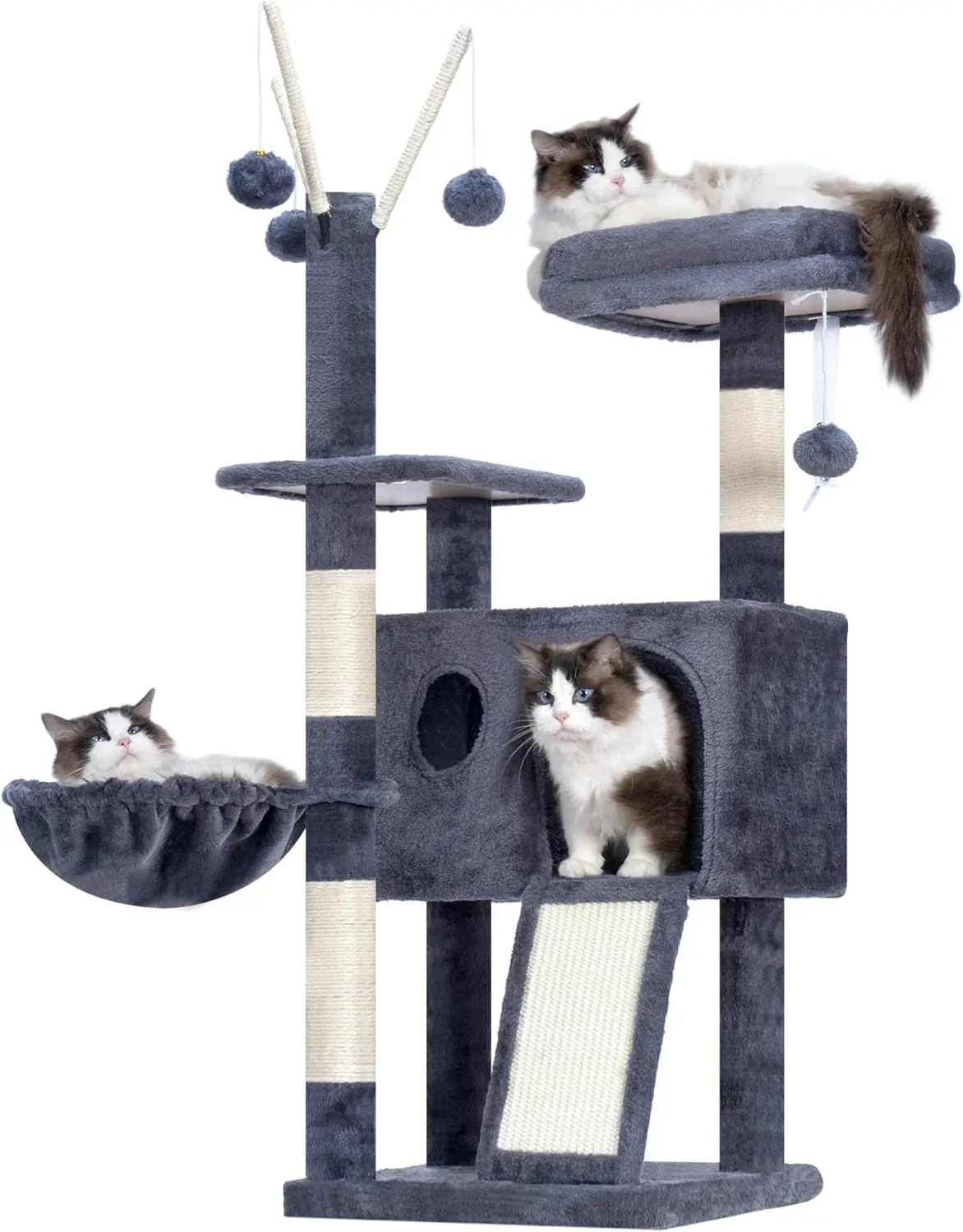 Cat Tree Tower, Scratching Posts with Removable Toys, Cozy Condo, Platform, Hammock, Sisal Scratch Board and Ball for Indoor
Cat Tree Tower, Scratching Posts with Removable Toys, Cozy Condo, Platform, Hammock, Sisal Scratch Board and Ball for Indoor