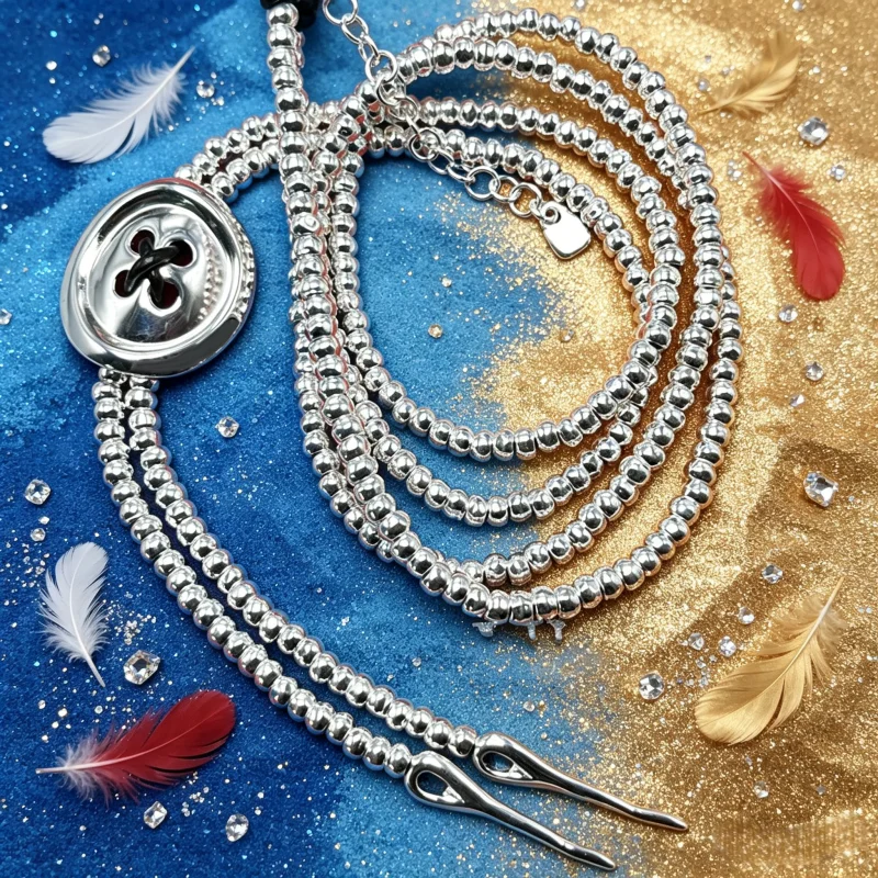 Silver Multi-Strand Beaded Necklace with Oversized Button Pendant
Silver Multi-Strand Beaded Necklace with Oversized Button Pendant