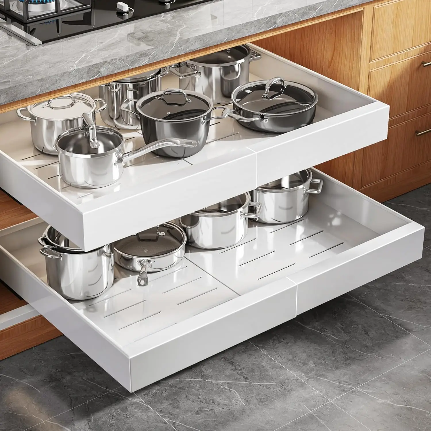 2 Pack Expandable (15.1"-26.3") Pull Out Cabinet Organizer 21" Deep With Raising Pad for Framed Cabinets,Upgrade 3 Slide Rail
2 Pack Expandable (15.1"-26.3") Pull Out Cabinet Organizer 21" Deep With Raising Pad for Framed Cabinets,Upgrade 3 Slide Rail
