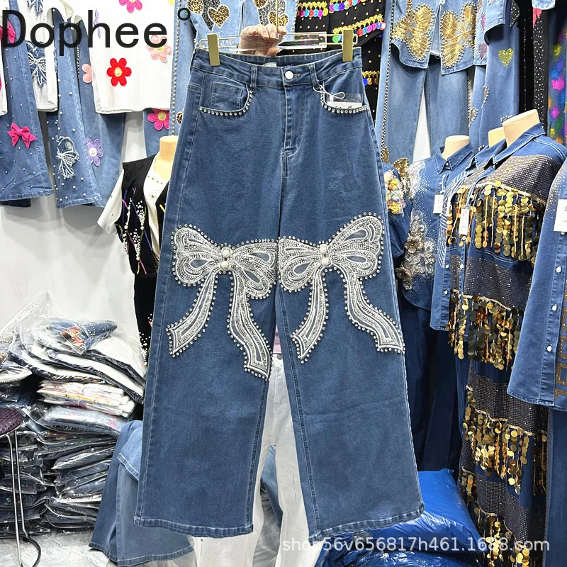 Diamonds Bow Embroidery Women Denim Trousers New Spring Autumn High Waist Wide Leg Pants All-match Floor-length Straight Jeans
Diamonds Bow Embroidery Women Denim Trousers New Spring Autumn High Waist Wide Leg Pants All-match Floor-length Straight Jeans