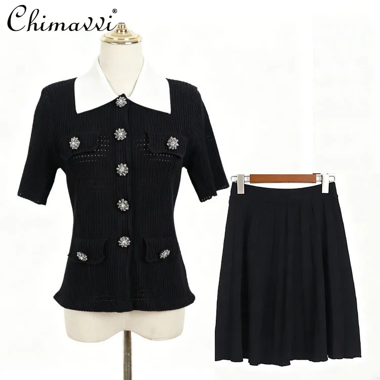 Summer Fashion Knitted 2pcs Women's Collared Color Block Rhinestone Button Short Sleeve Cardigan Pleated Skirt Socialite Outfit
Summer Fashion Knitted 2pcs Women's Collared Color Block Rhinestone Button Short Sleeve Cardigan Pleated Skirt Socialite Outfit